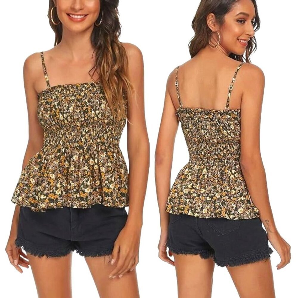 Women's‎ Floral Smocked Peplum Cami Top Spaghetti Strap Casual Summer Blouse